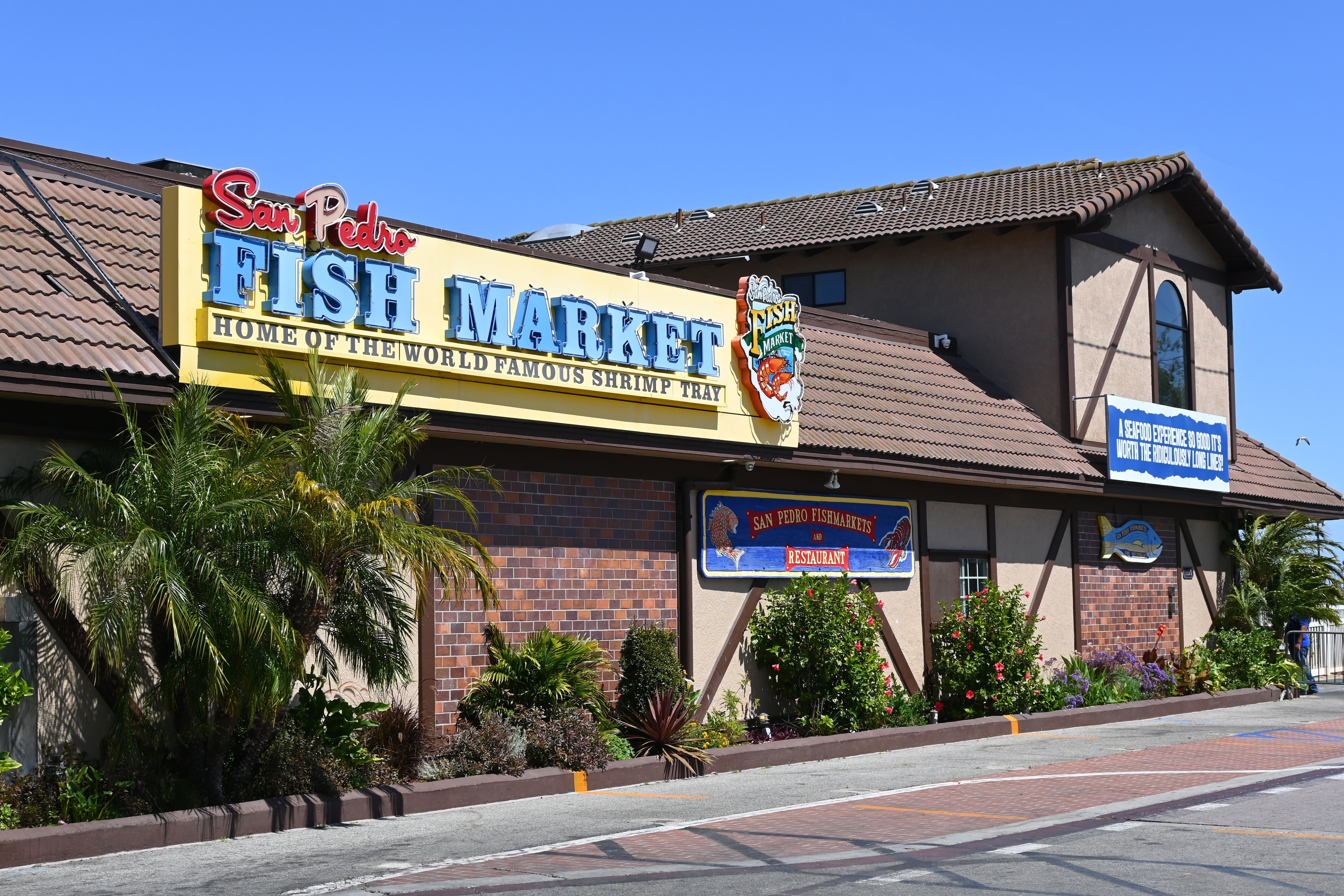 Exterior of San Pedro Fish Market near LA cruise port, famous for seafood and shrimp trays—ideal pre- or post-cruise dining destination.