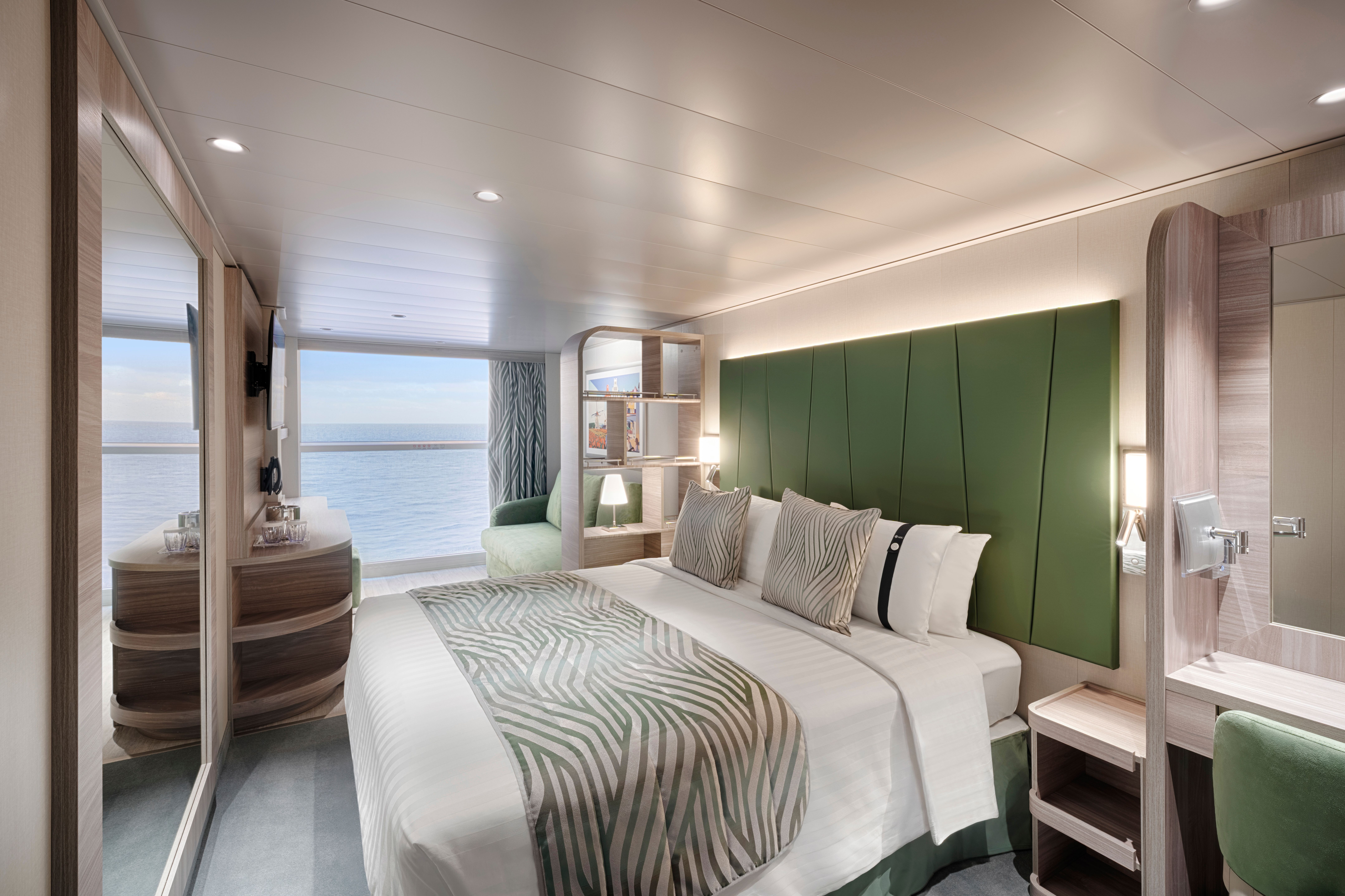 MSC World America Infinite Ocean View Aurea cabin featuring panoramic window, spa-inspired décor, and access to Aurea wellness benefits.
