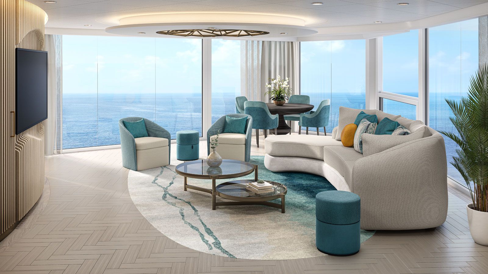 Oasis of the Seas Solarium Suite featuring a spacious oceanview living area with floor-to-ceiling windows, modern seating, dining table, and elegant coastal décor.