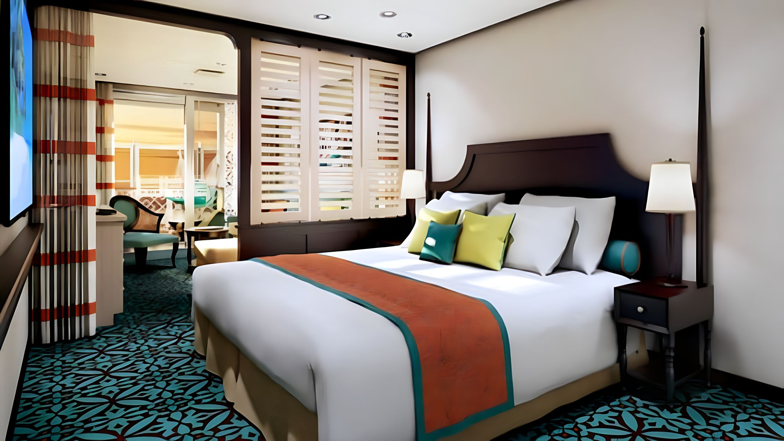 Havana Cabana Suite bedroom featuring king bed, Havana-inspired decor, sliding shutters to living area, and upscale finishes on a Carnival cruise ship.