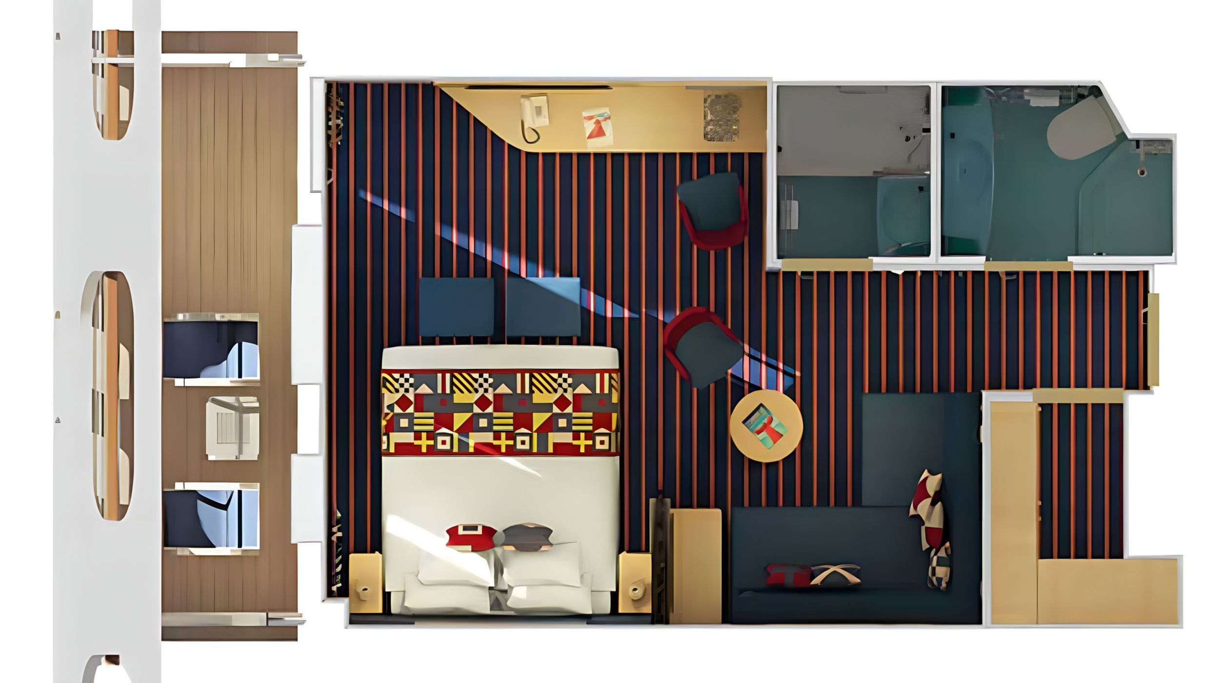 Carnival Family Harbor Suite floor plan showing separate bedroom, living area with sofa, bathroom, storage, and a private balcony designed for families.