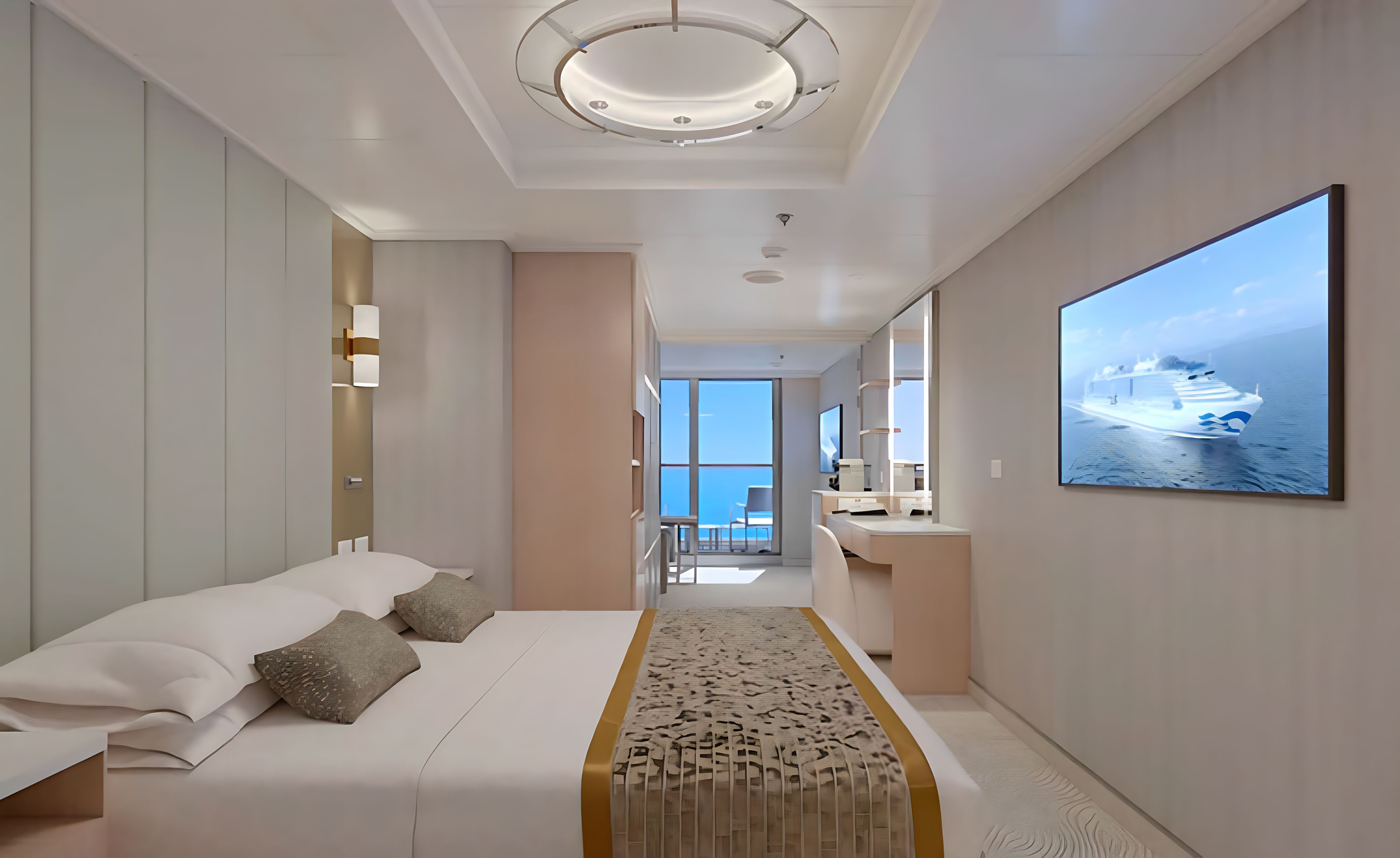 Mini-Suite cruise ship stateroom with king bed, sofa sitting area and private balcony with ocean views on Princess Cruises.