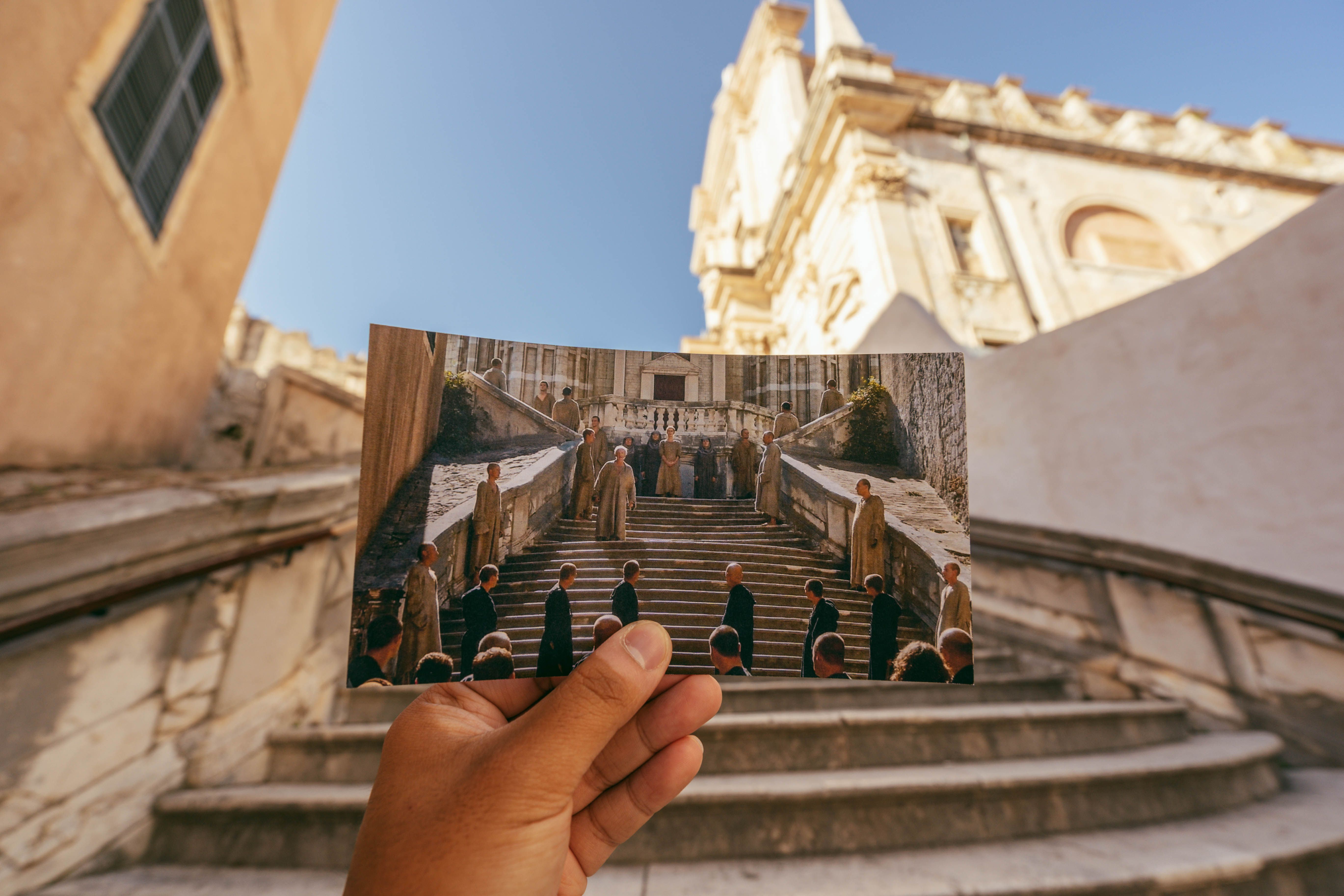 Dubrovnik Jesuit Staircase scene with Game of Thrones reference, historic Old Town steps and baroque architecture, popular cruise excursion filming location in Croatia