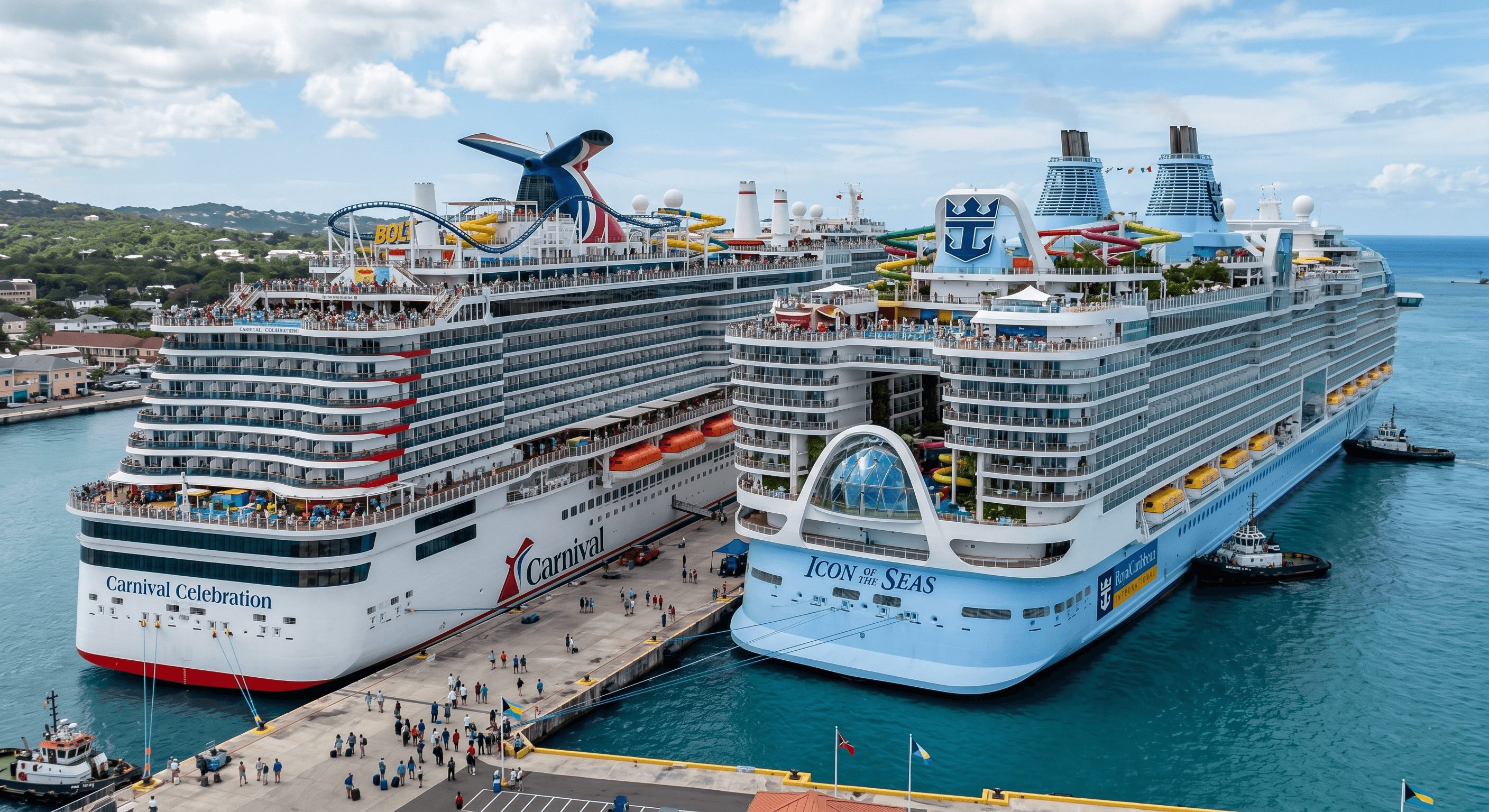 Carnival Celebration and Royal Caribbean Icon of the Seas docked side by side in the Caribbean, showcasing water parks, slides, and top-deck attractions at cruise port.