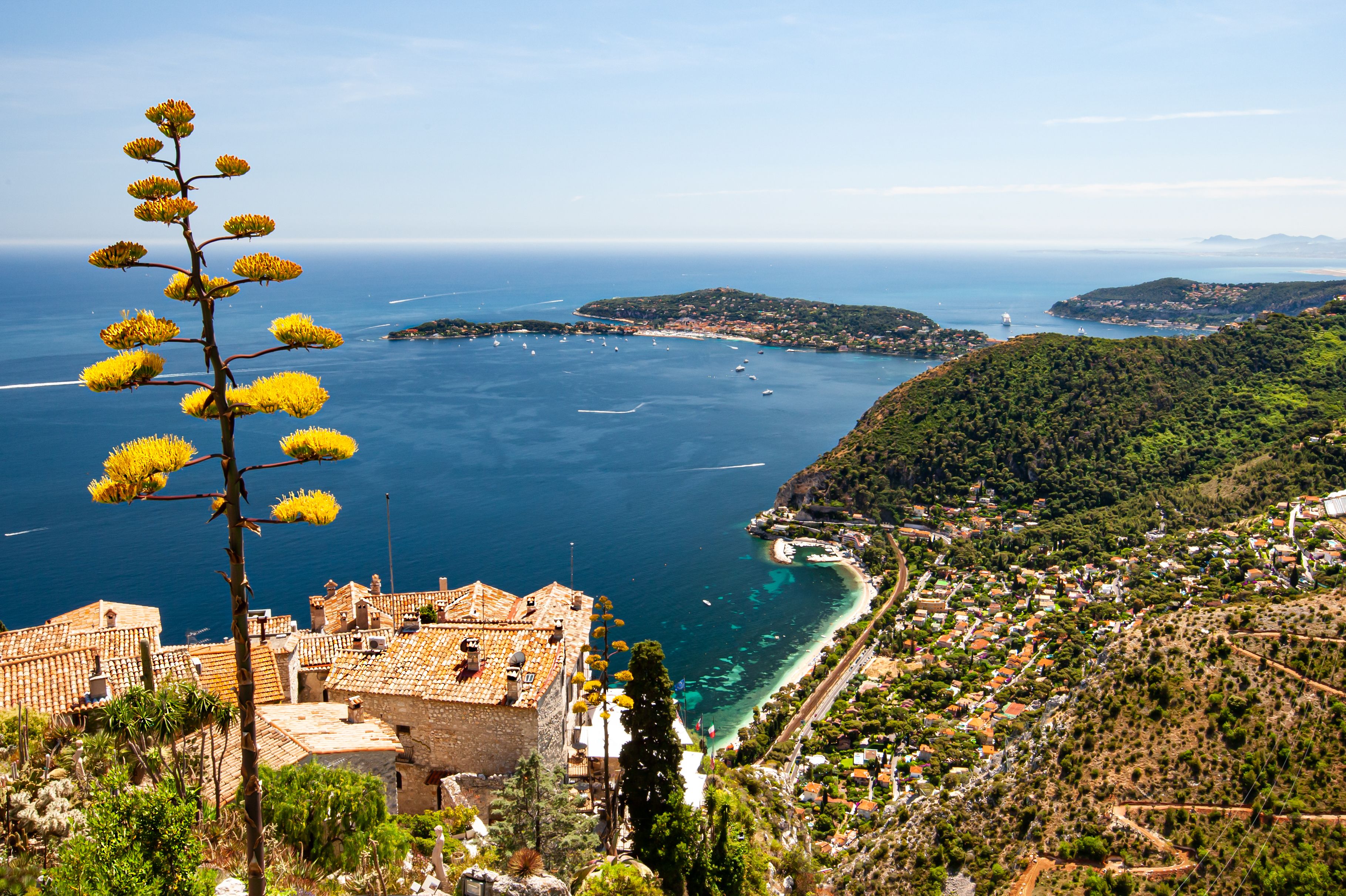 Panoramic view from the hilltop village of Èze overlooking the French Riviera, with the Mediterranean Sea, Saint-Jean-Cap-Ferrat and the picturesque Côte d’Azur coastline, France.