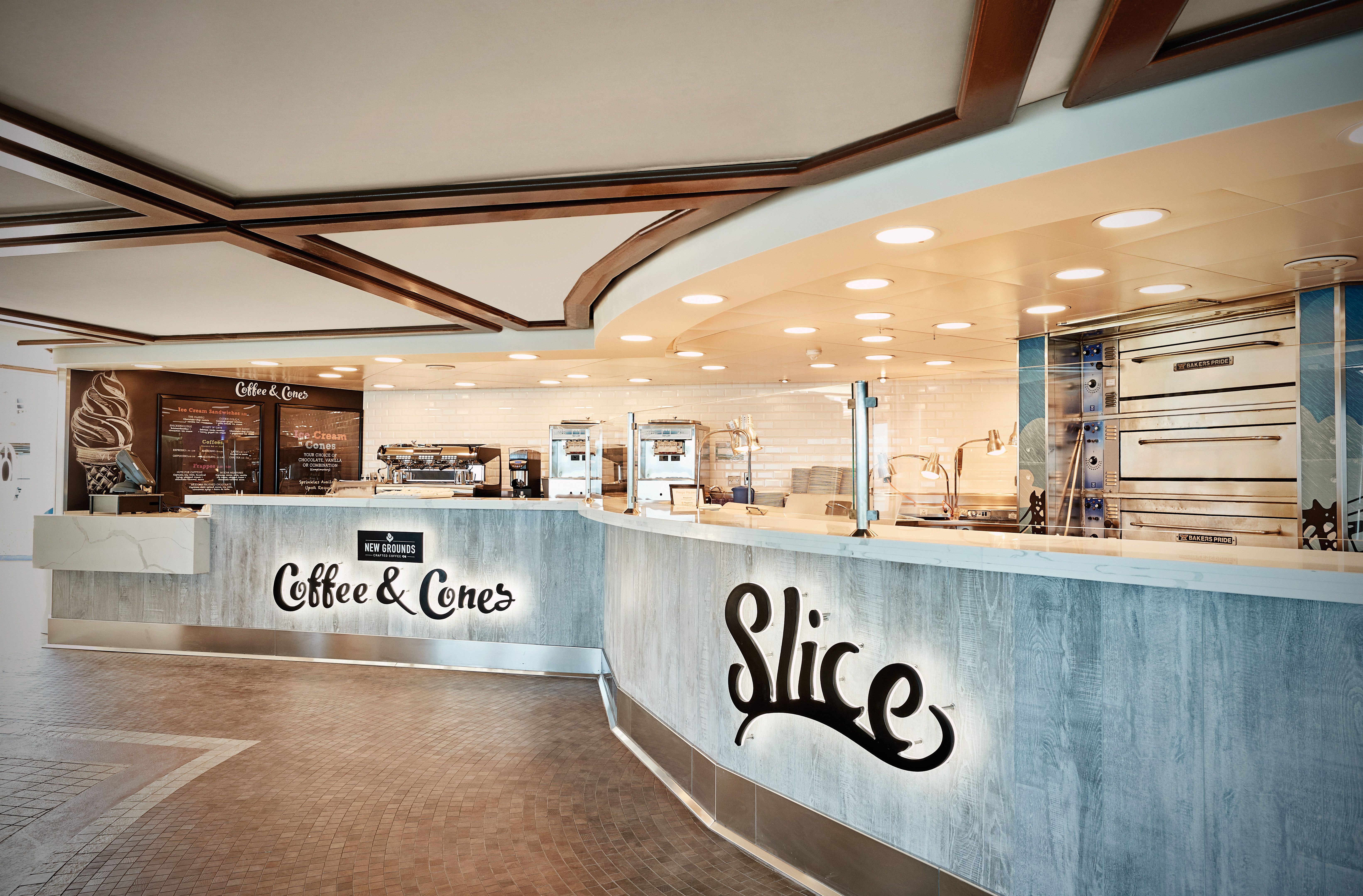 Grand Princess Coffee & Cones and Slice counters offering coffee, ice cream and casual poolside pizza dining.