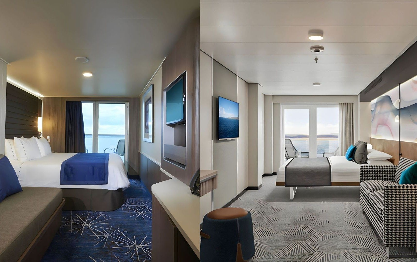Norwegian Luna and Norwegian Bliss Club Balcony Suites featuring modern décor, plush beds, lounge seating, TVs and private ocean-view balconies.