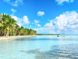 La Romana, Dominikanische Republik &ndash; Palmenstrand mit Boot im t&uuml;rkisblauen Meer