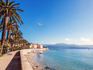 Ajaccio, Frankreich &ndash; Uferpromenade mit Palmen f&uuml;hrt entlang der glitzernden Bucht