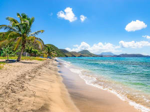 Carambola Beach, St. Kitts und Nevis - Palmenstrand mit Blick auf t&uuml;rkisfarbenes Meer