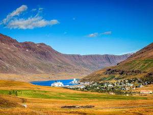 Sey&eth;isfj&ouml;r&eth;ur, Island &ndash; Blick auf den Ort am Fjord mit Kreuzfahrtschiff im Hafen