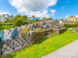 Cobh, Irland &ndash; Malerische Wohnh&auml;user in kr&auml;ftigen Farben auf einem gr&uuml;nen H&uuml;gel mit Gartenanlagen