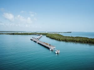 Harvest Caye, Belize &ndash; langer Anleger verbindet Kreuzfahrtschiff und gr&uuml;ne Inselwelt