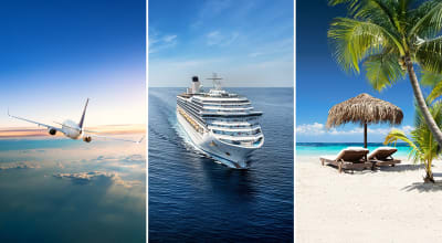 Fotocollage: Flugzeug am Himmel, Kreuzfahrtschiff und Liegest&uuml;hle am Strand