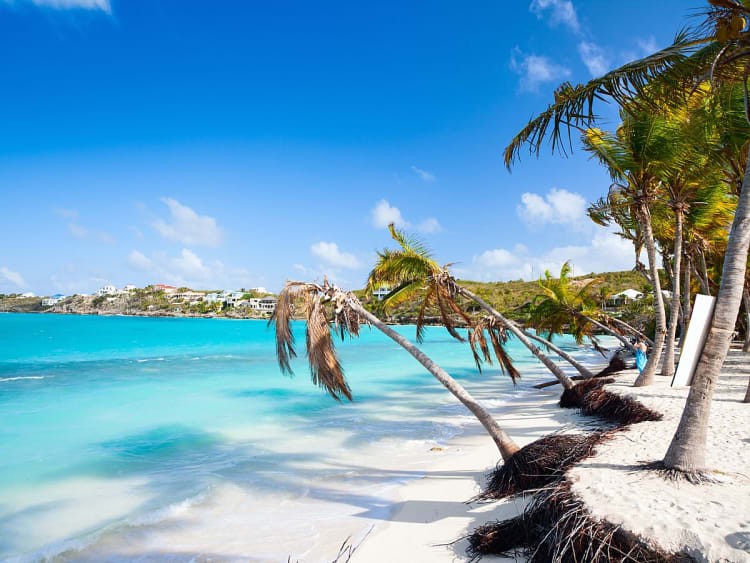 Wei&szlig;er Sandstrand mit schr&auml;gen Palmen und t&uuml;rkisblauem Meer unter klarem Himmel