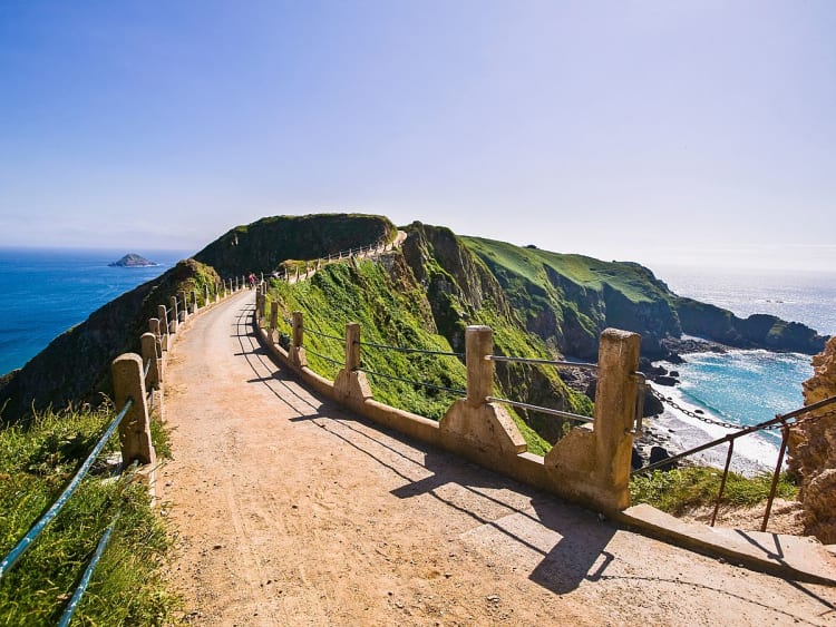 Guernsey, Kanalinseln &ndash; schmaler Gratweg f&uuml;hrt &uuml;ber gr&uuml;ne Klippen zwischen zwei K&uuml;sten