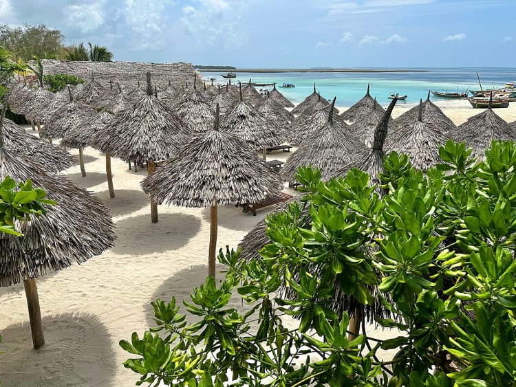Sansibar, Tansania &ndash; Schattenspendende Makuti-Schirme am ruhigen Indischen Ozean