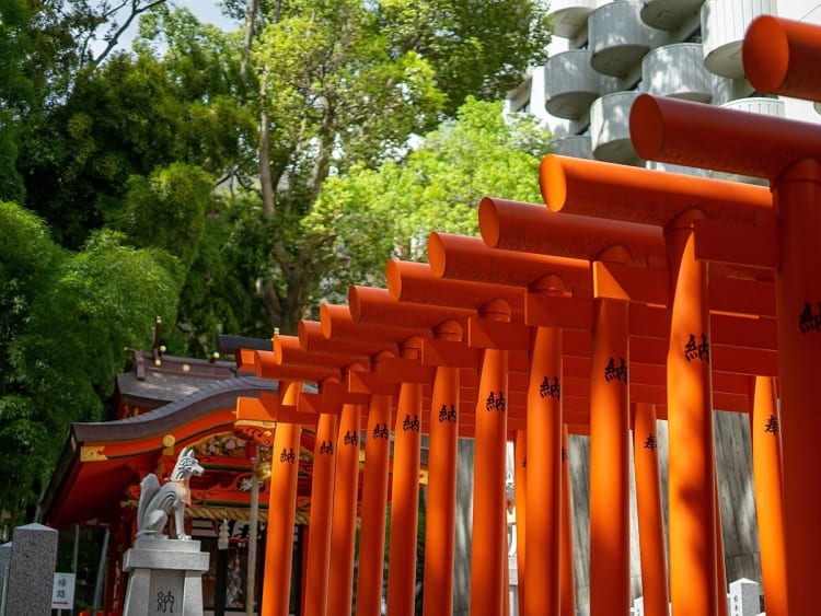Kobe, Japan &ndash; Leuchtend rote Torii bilden Weg zum Shinto-Schrein