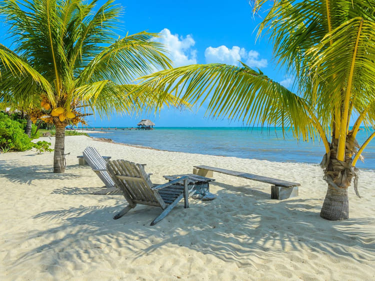 Belize City, Belize - Ruhiger Strand mit Palmen und Sonnenliegen
