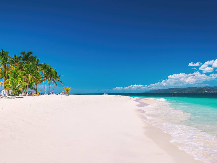 Cayo Levantado, Dominikanische Republik - Wei&szlig;er Sandstrand mit Palmen am klaren Ozean