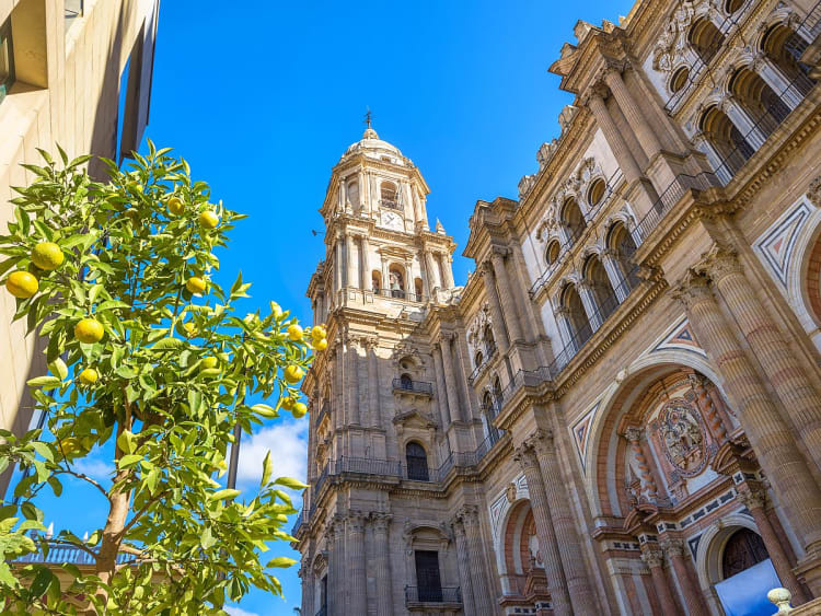 M&aacute;laga, Spanien &ndash; Historischer Sakralbau mit reifenden Zitrusfr&uuml;chten