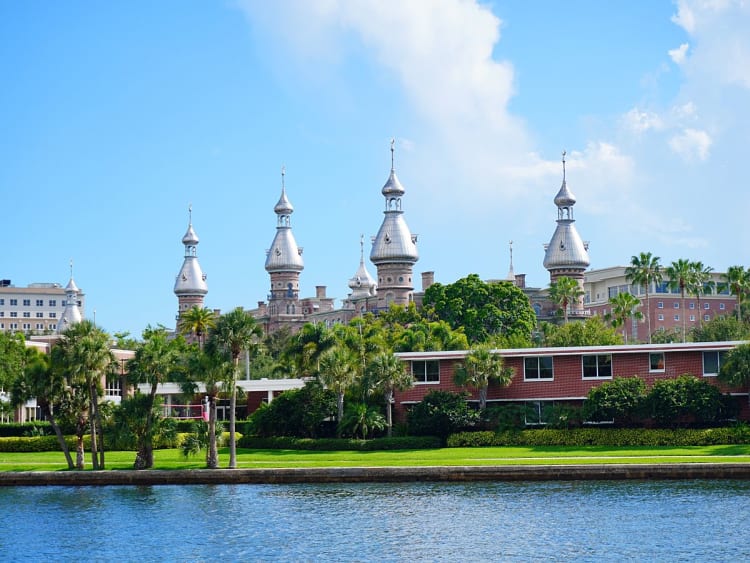 Tampa, USA &ndash; markante T&uuml;rme der University of Tampa hinter Palmen