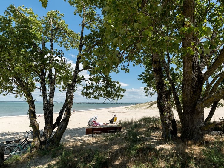 Le Verdon-sur-Mer, Frankreich &ndash; Schattiger Strand mit B&auml;umen und Blick auf das Meer