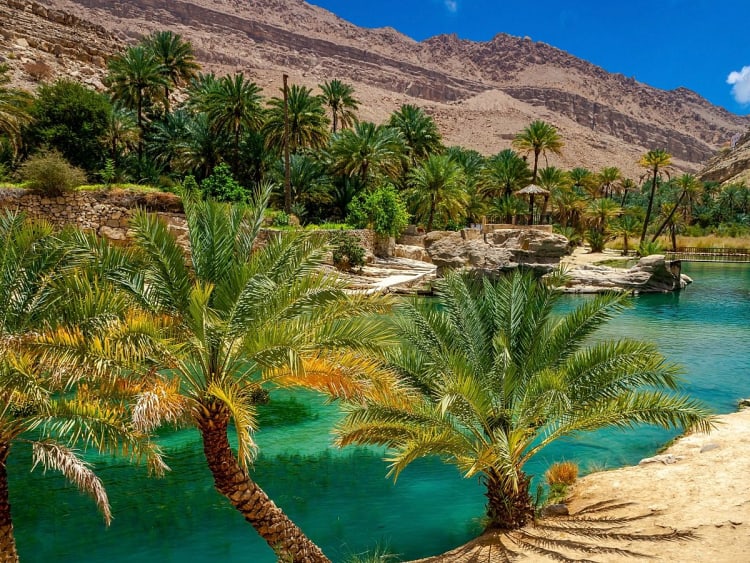 Maskat, Oman &ndash; Oase mit Palmenhain und Flusslauf inmitten einer Felsenschlucht