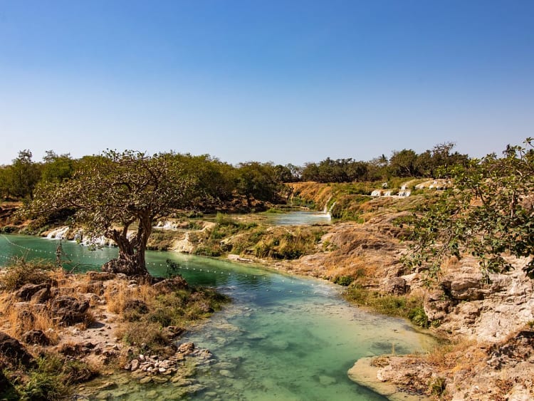 Salalah, Oman &ndash; Tropische Landschaft mit Fluss, B&auml;umen und Wasserf&auml;llen