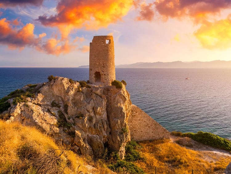 Cagliari, Italien &ndash; Alter Wachturm auf einer Klippe &uuml;ber dem Meer bei Sonnenuntergang