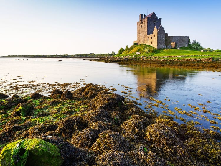 Galway, Irland &ndash; Mittelalterliche Dunguaire Castle am Wasser mit Spiegelung im ruhigen See