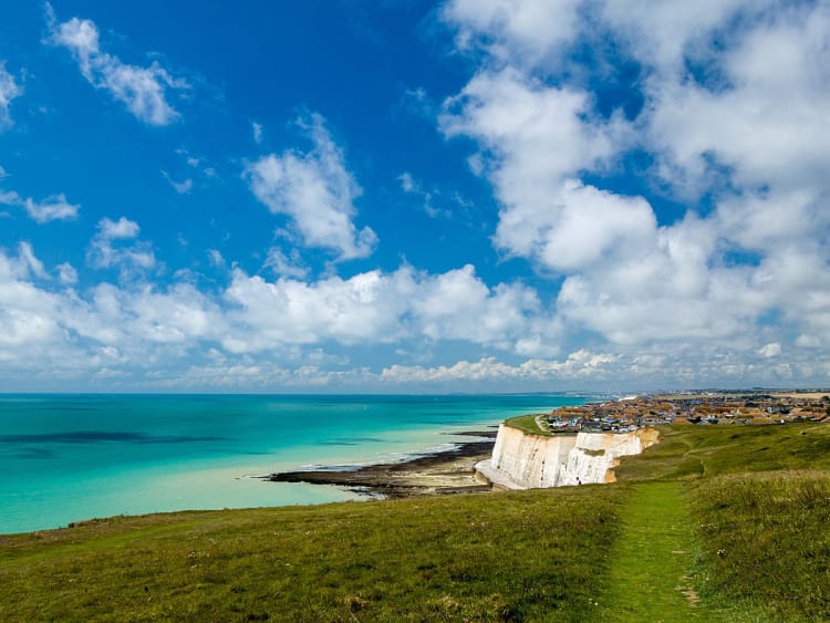 Newhaven, Schottland &ndash; gr&uuml;ne K&uuml;ste mit Blick auf wei&szlig;e Klippen und Dorf am Meer