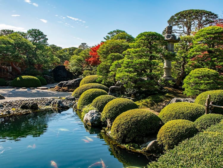 Sakaiminato, Japan &ndash; Kois schwimmen in einem Teich vor einer steinernen Laterne