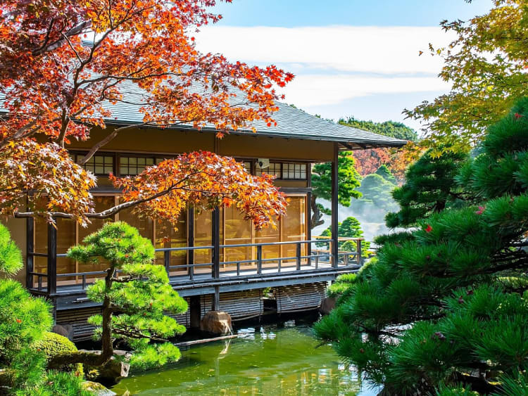 Sakaiminato, Japan &ndash; Holzpavillon am Teich mit Ahornlaub im Vordergrund