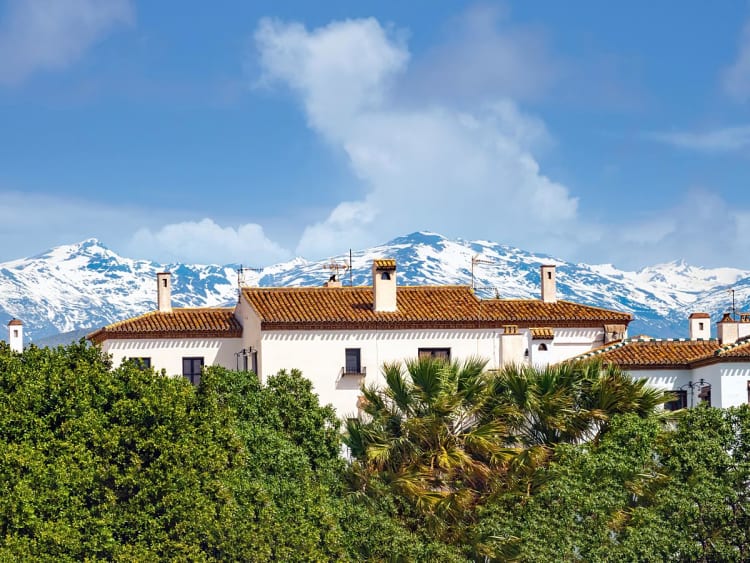 Granada, Spanien &ndash; Kontrast aus Palmen, D&auml;chern und verschneiten Bergen