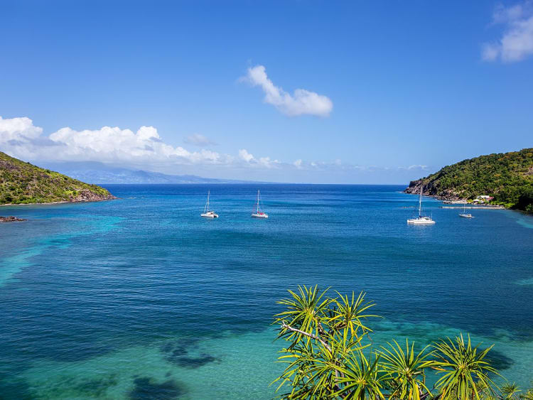 Marigot, Saint-Martin &ndash; ruhige Karibikbucht mit wei&szlig;en Booten vor gr&uuml;nen H&auml;ngen