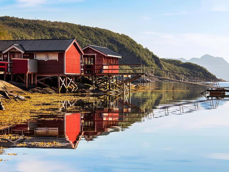 Skjerv&oslash;y, Norwegen - Rote H&auml;user auf Stelzen am ruhigen Fjord mit Spiegelung
