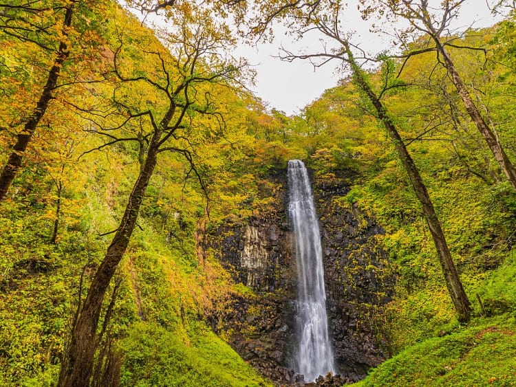 Sakata, Japan - Wasserfall im Herbstwald mit bunten Bl&auml;ttern und steiler Felswand
