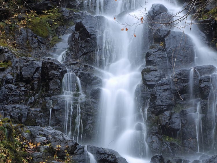 Sakata, Japan - Mehrstufiger Wasserfall &uuml;ber dunkle Felsen im moosigen Wald