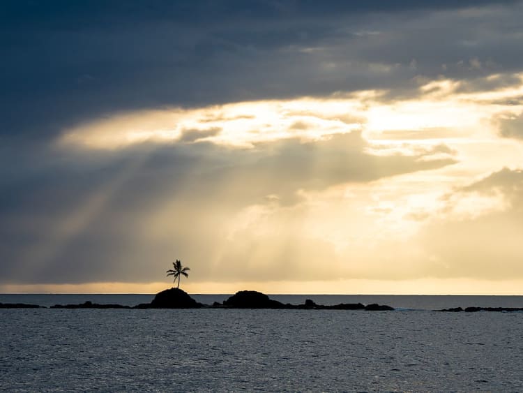 Alotau, Papouasie&ndash;Nouvelle-Guin&eacute;e &ndash; Petit &icirc;lot aux palmiers dans la lumi&egrave;re du soir de la baie de Milne