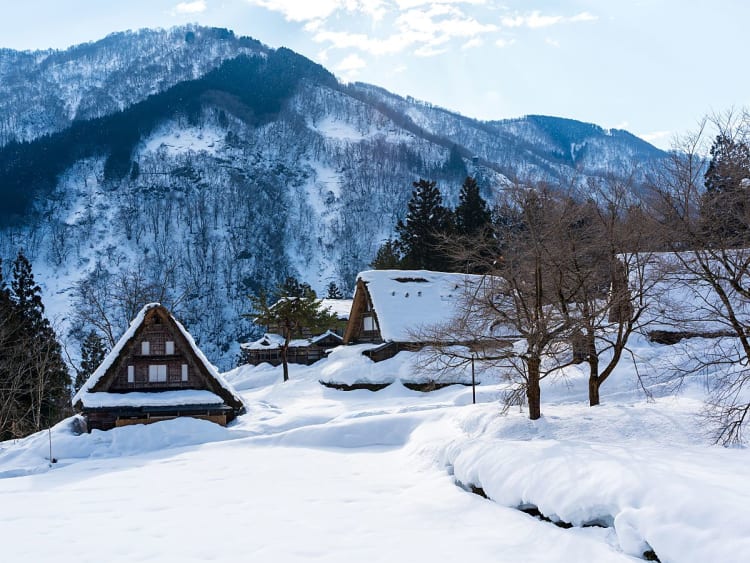 Toyama, Japan &ndash; Verschneites Bergdorf mit traditionellen Bauernh&auml;usern
