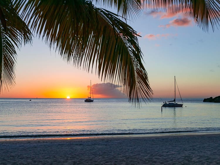 Rodney Bay, Santa L&uacute;cia &ndash; Praia tropical com palmeiras ao entardecer