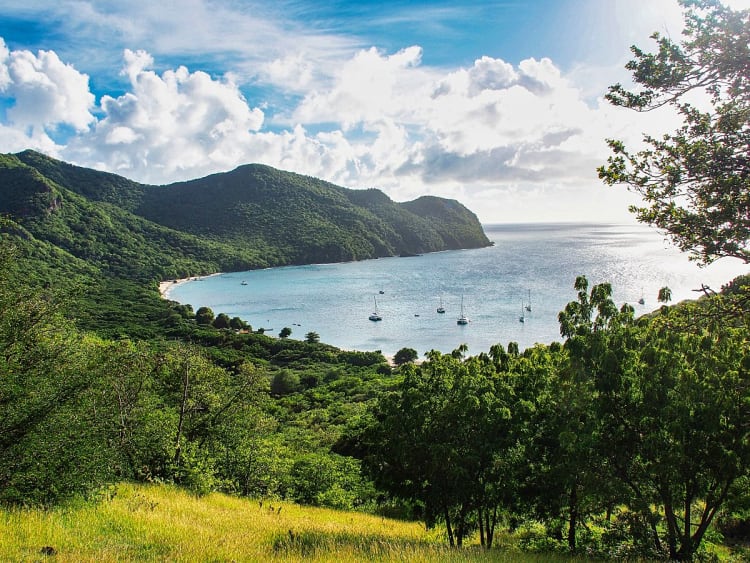 Union Island, Grenadinen &ndash; Gesch&uuml;tzte Bucht mit Strand und gr&uuml;nen Bergh&auml;ngen