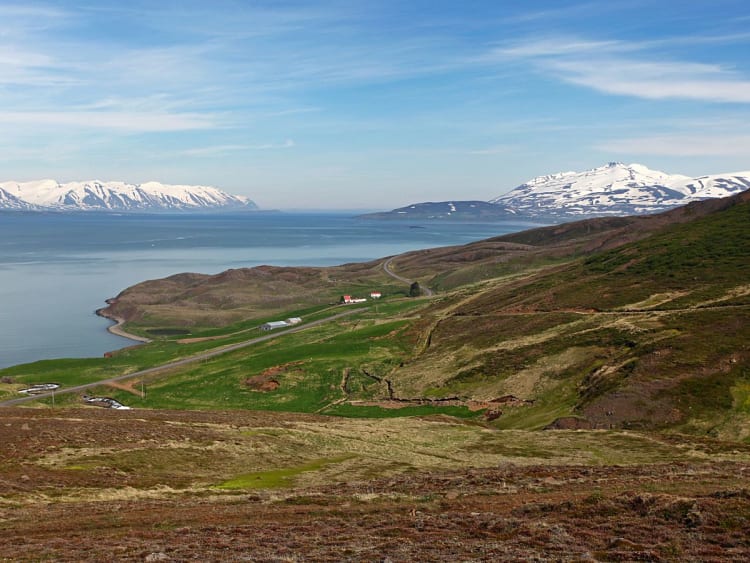 Gr&iacute;msey, Island &ndash; Gr&uuml;ne K&uuml;stenh&auml;nge vor schneebedeckter Bergkulisse
