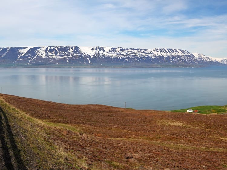 Gr&iacute;msey, Island &ndash; Weite K&uuml;stenlandschaft mit gr&uuml;nen H&auml;ngen und verschneiten Gipfeln
