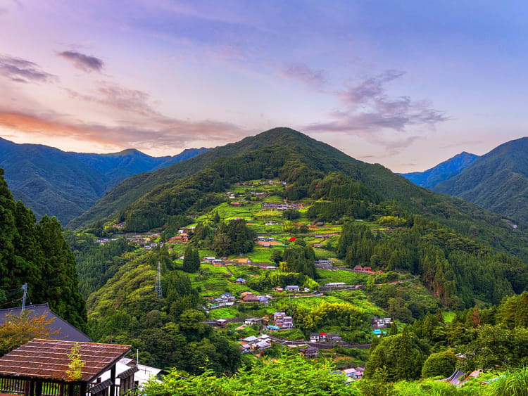 Tokushima, Japan &ndash; Green mountain village surrounded by densely forested slopes