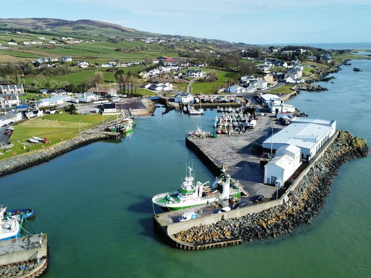 Greencastle, Irlanda &ndash; Vista a&eacute;rea del puerto con barcos pesqueros