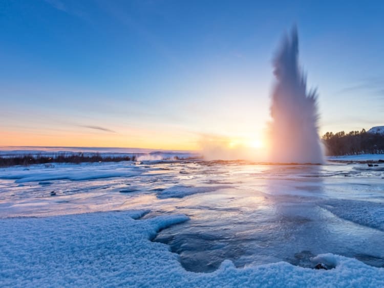 Famous Geysir in Iceland in beautiful sunset light
