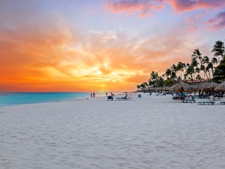 Beautiful sunset at Manchebo beach on Aruba in the Caribbean Sea