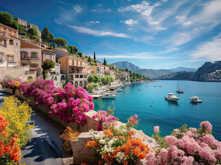 Seafront landscape with azalea flowers. French reviera, view of stunning picturesque coastal town